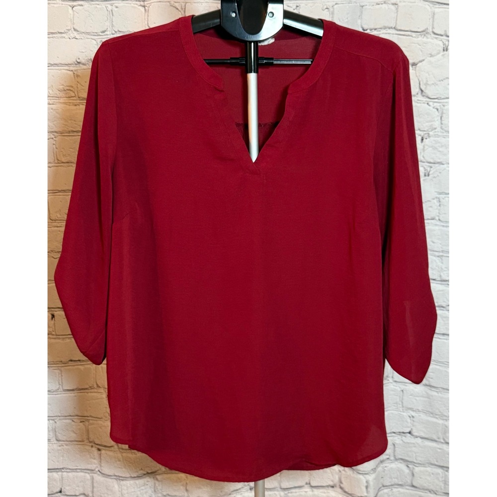 Maurices Womens 0X(14/16) Dark Red Split‎ V-Neck 3/4 Roll Tab Sleeve Blouse Top